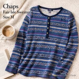 Chaps Fair Isle Sweater Womens 3XL Blue Button Henley Knit